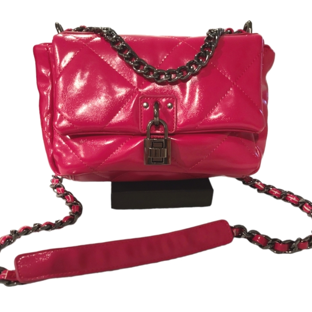 (1174Hot Pink & Gunmetal Gray Crossbody with Lock Detail & Diamond Stitch Design